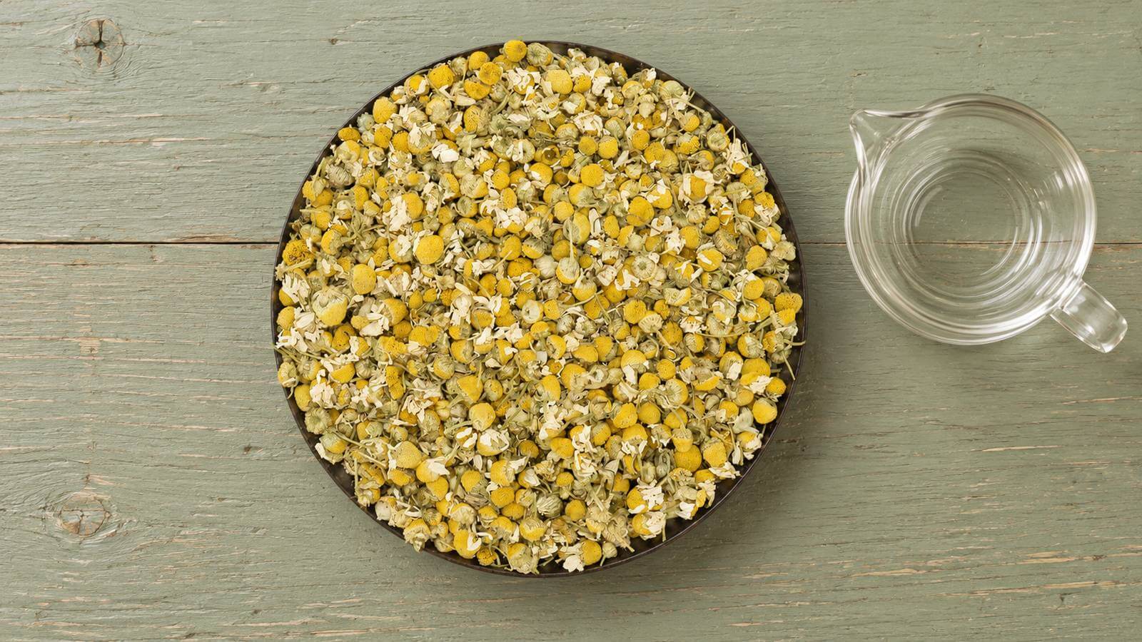 Torkade kamomillblommor med gula blomhuvuden, ljusa kronblad och korta stjälkar i en mörk skål