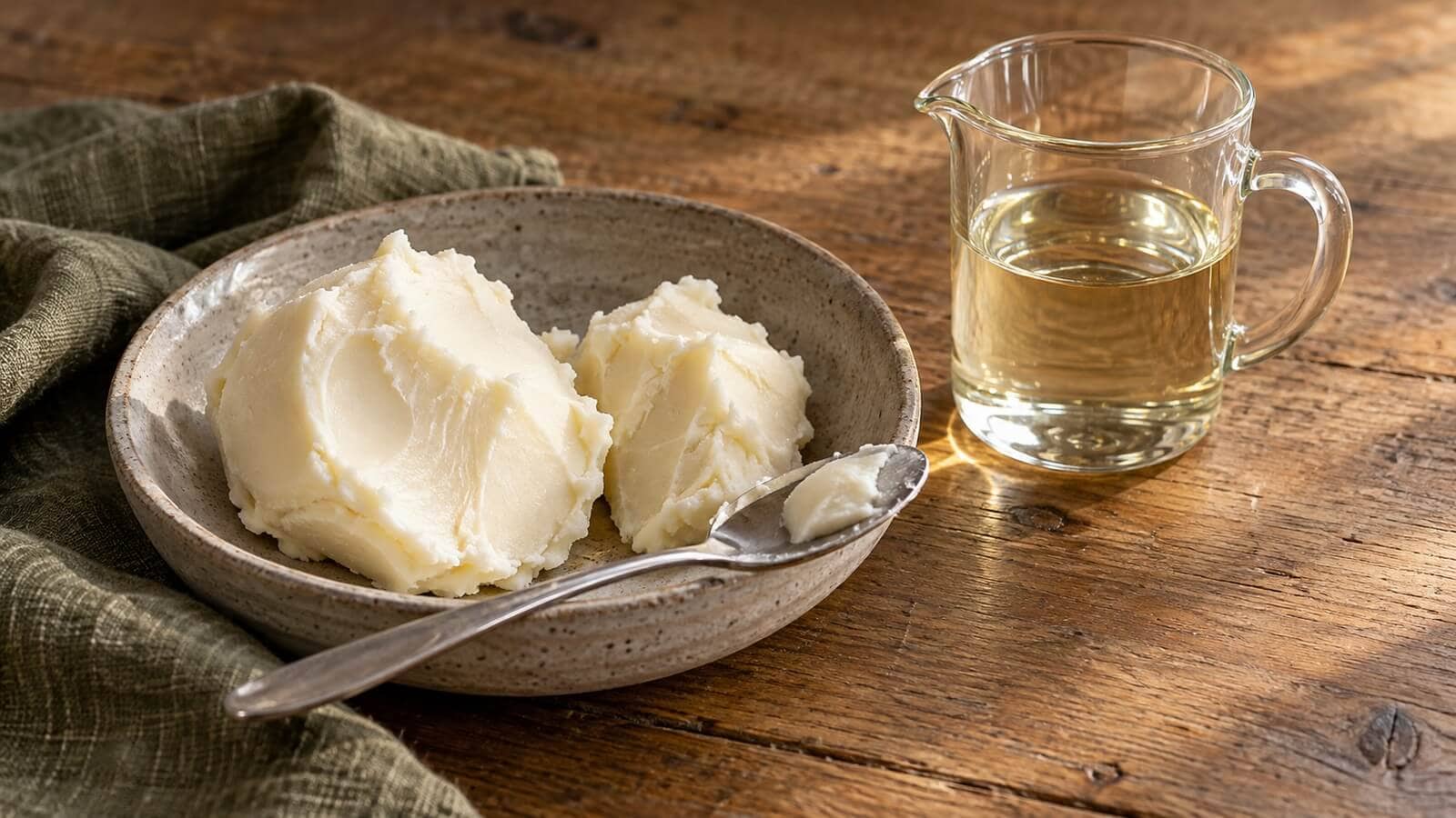 tval ravaror sheasmor ricinolja Fast krämvitt sheasmör på ett keramikfat bredvid flytande ricinolja i en liten glaskanna