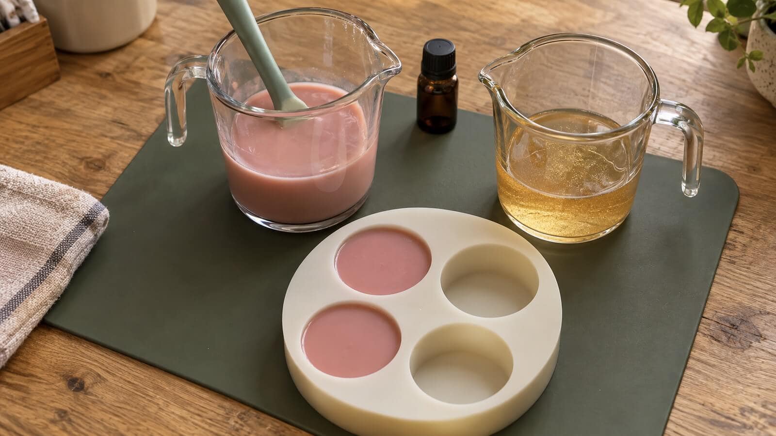 tvalbas farg doft gjutning Rosa ogenomskinlig och gyllene genomskinlig smält tvålbas i kannor bredvid en silikonform och en stängd brun doftflaska