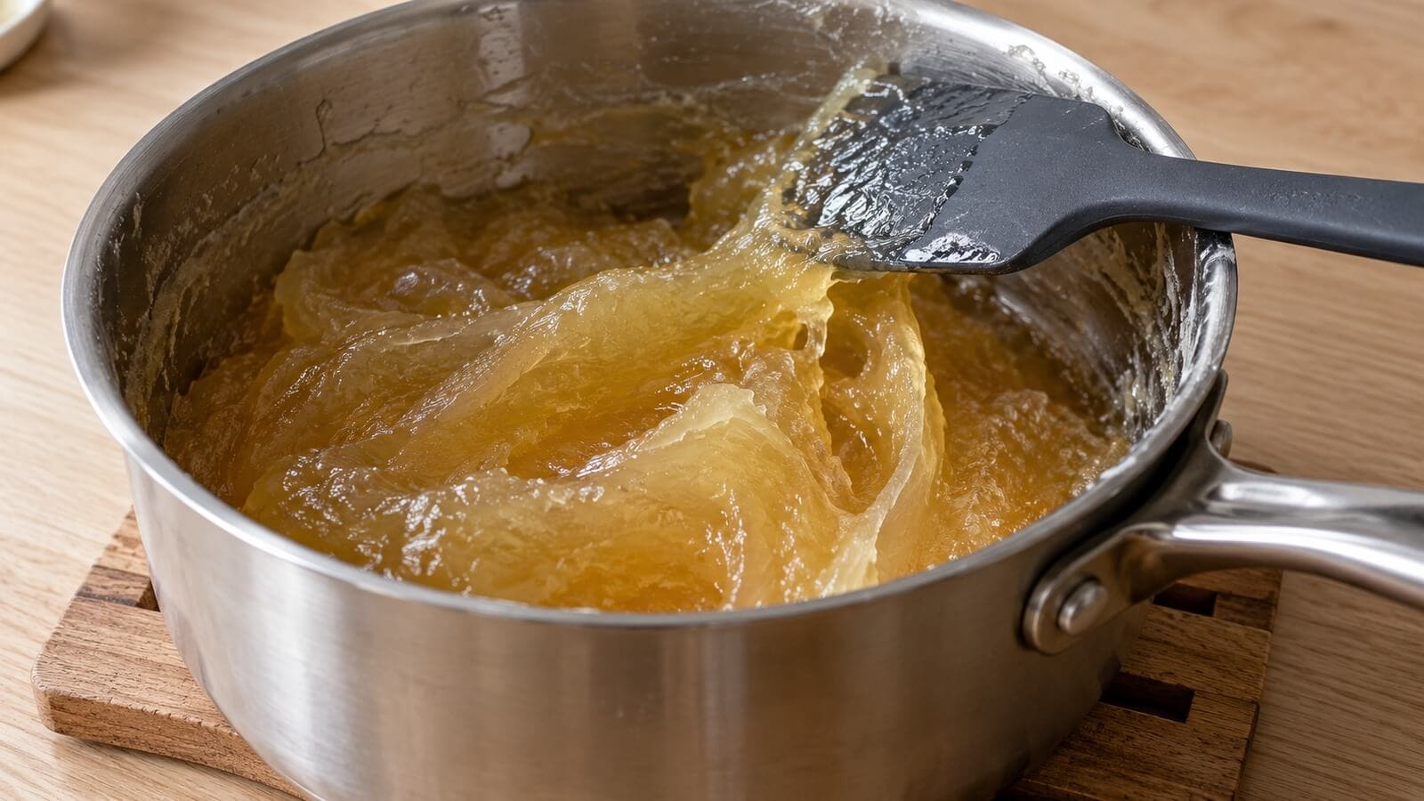 tvalpasta kaliumtval narbild Seg, gyllene tvålpasta i en rostfri kastrull med en mörk slickepott vilande vid kanten.