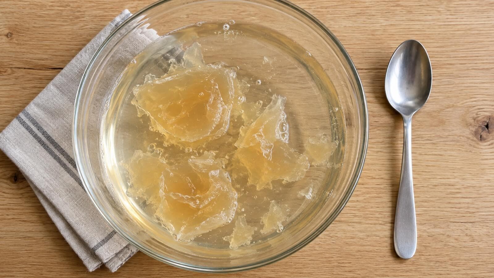 tvalpasta spadning i vatten Mjuka bitar av tvålpasta omgivna av vatten i en glasskål, sedd ovanifrån på ett träbord.