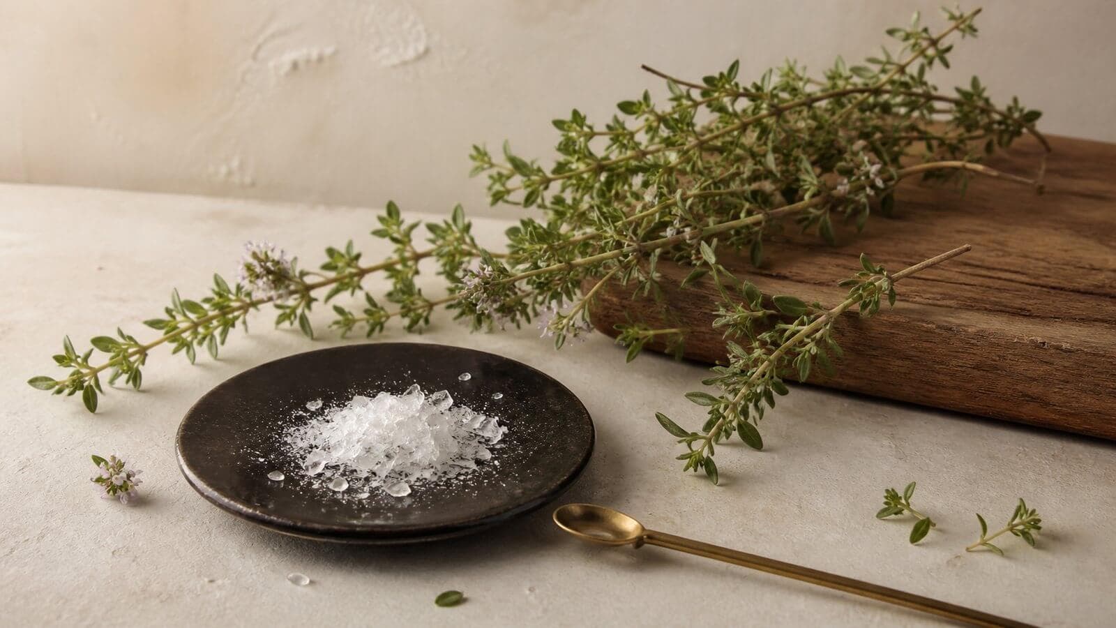 tymol-timjan-kristaller Fina vita tymolkristaller, blommande timjan och en mässingsskopa på ljus sten.