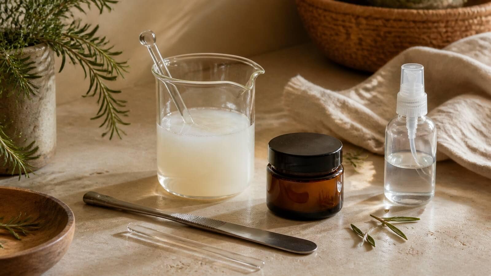 Rena glasredskap, vattenbaserad lotion och en stängd brun glasburk på varm sten