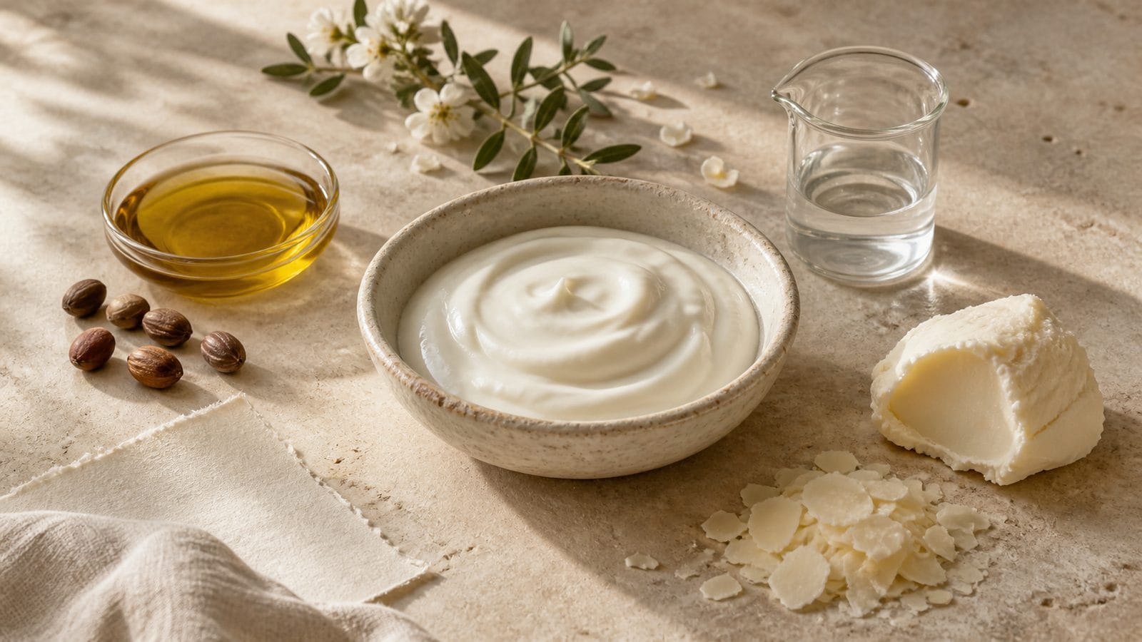 Vad är INCI – ingredienser i kosmetika Kosmetisk emulsion med vegetabilisk olja, frön, växtsmör, vaxflingor och vattenfas