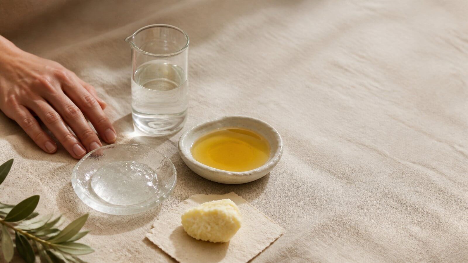 TEWL och hudens vattenförlust Glyceringel, vegetabilisk olja och sheasmör som visar olika sätt att bevara hudens fukt