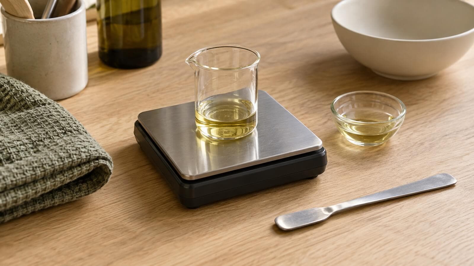 vaga ravaror egen hudvard En glasbägare på en digital våg och en liten separat skål för nästa ingrediens.