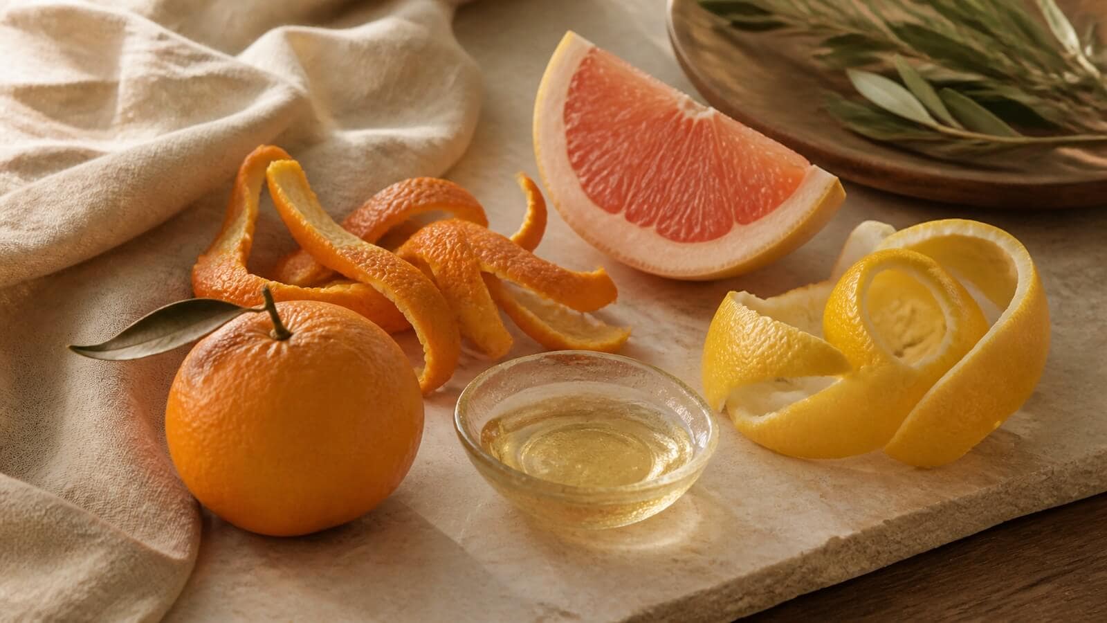 Apelsin, grapefrukt och färska citrusskal bredvid citrusolja som källor till valencen