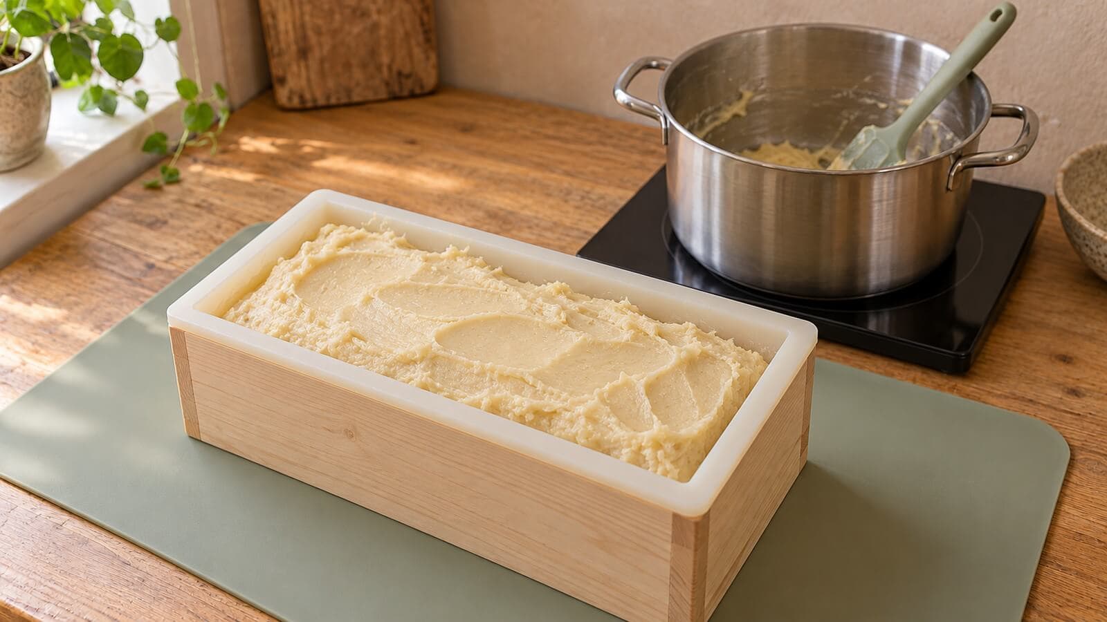 varmprocess tval formning Tjock krämfärgad varmprocesstvål med slickepottspår i en silikonform, med kastrullen i bakgrunden