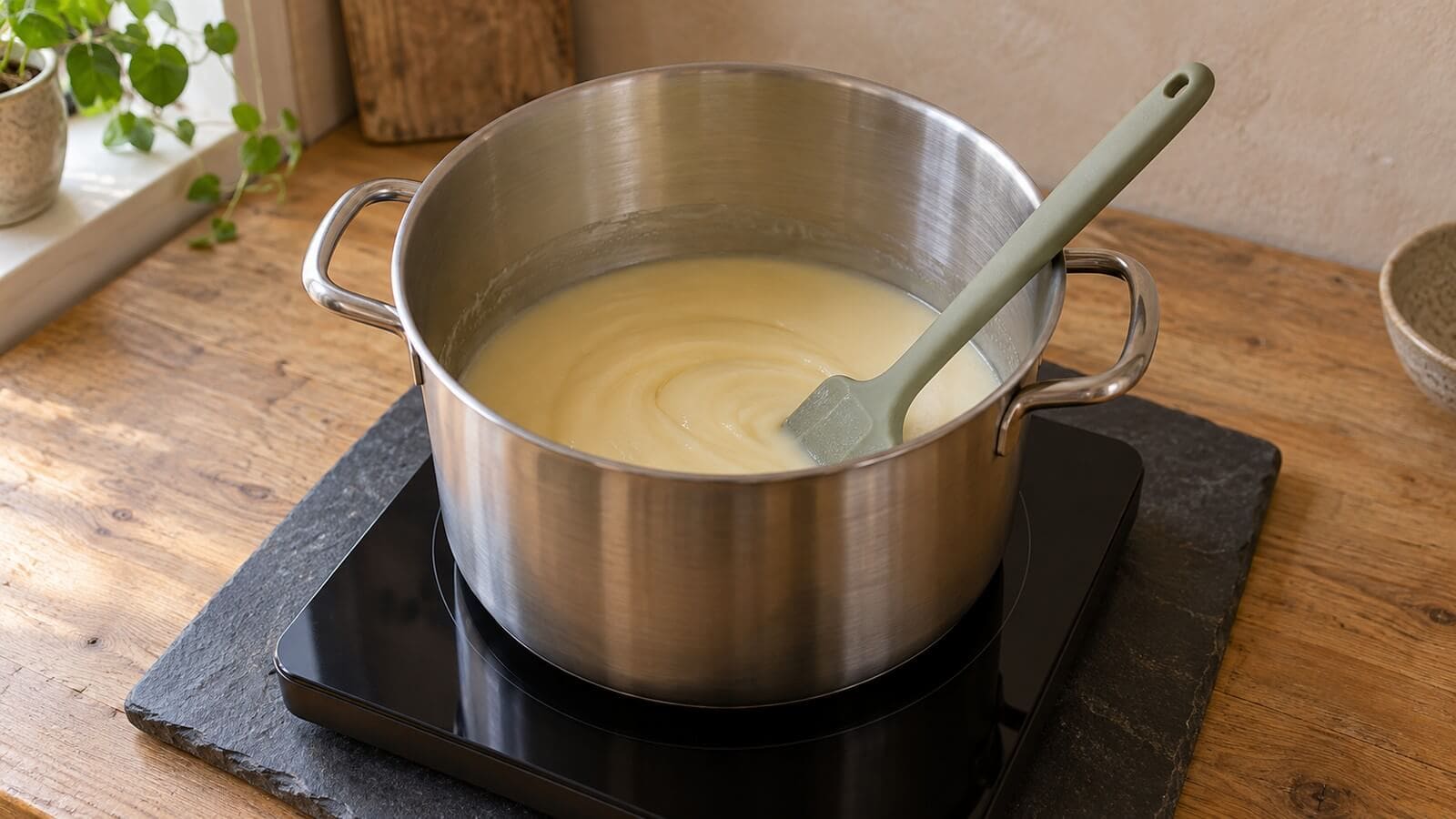 varmprocess tval jamn smet Jämn krämfärgad tvålsmet i en rostfri kastrull på en kokplatta, med en silikonslickepott