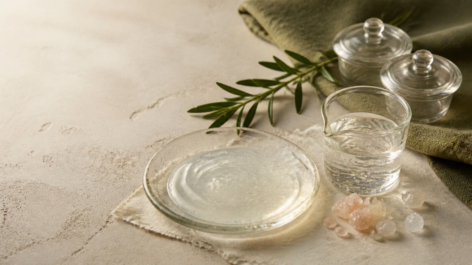 Vattenbaserad kosmetisk gel, glycerin och mineraler i glas på varm sten