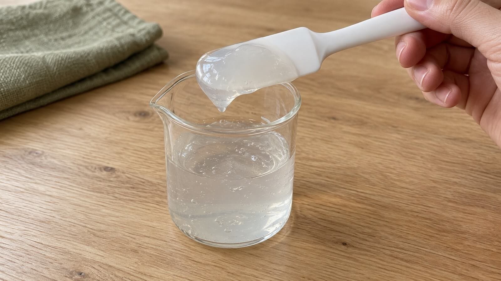 vattenbaserad gel konsistens En hand håller en spatel med genomskinlig mjuk gel ovanför en glasbägare på ett träbord.