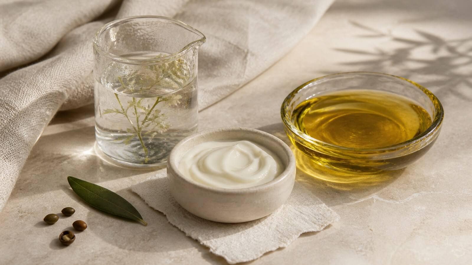 vattenbaserad-oljebaserad-hudvard Vattenfas, vegetabilisk olja och färdig emulsion i separata kärl