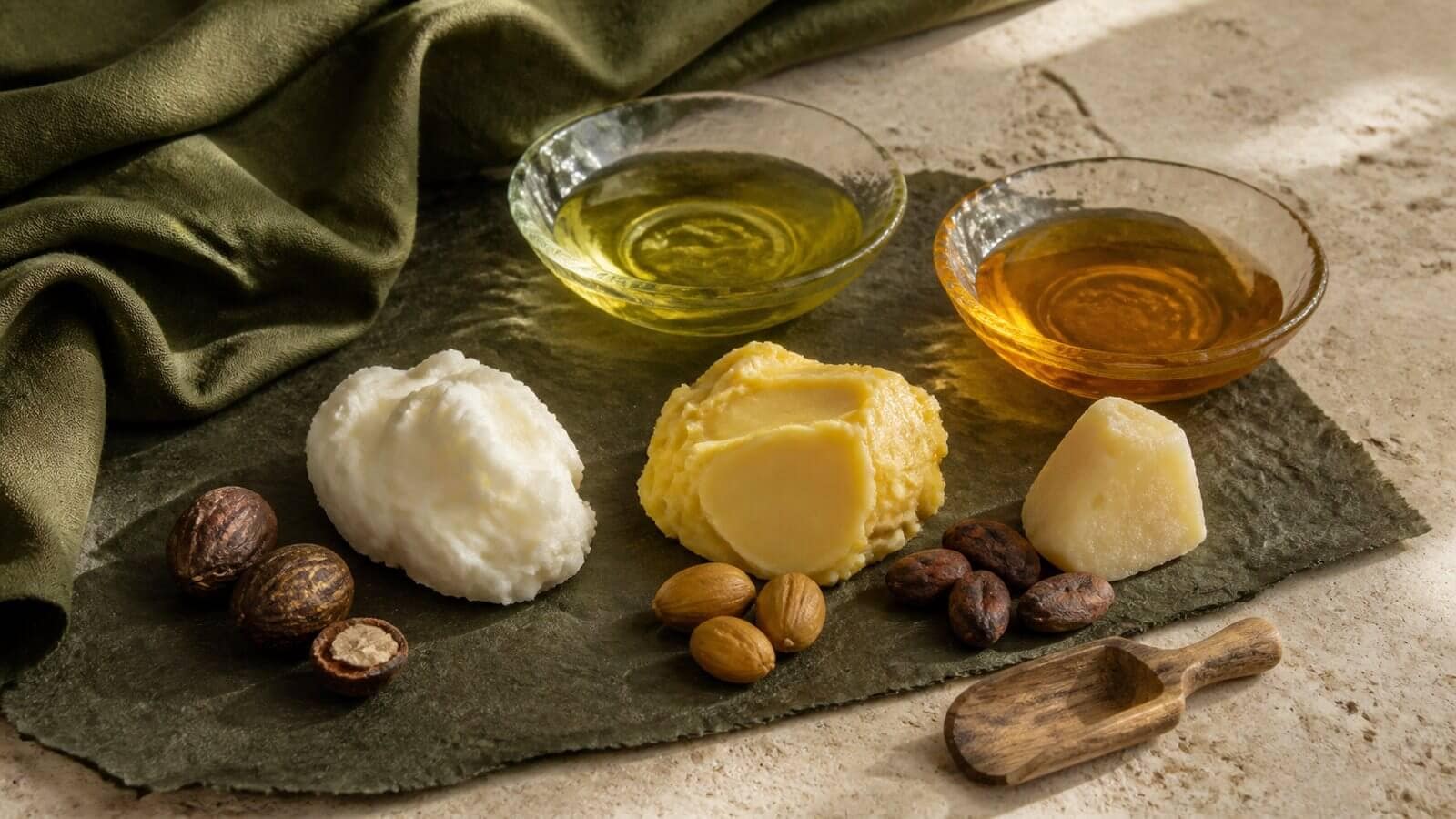 Vegetabiliska oljor och växtsmör med olika färg och konsistens