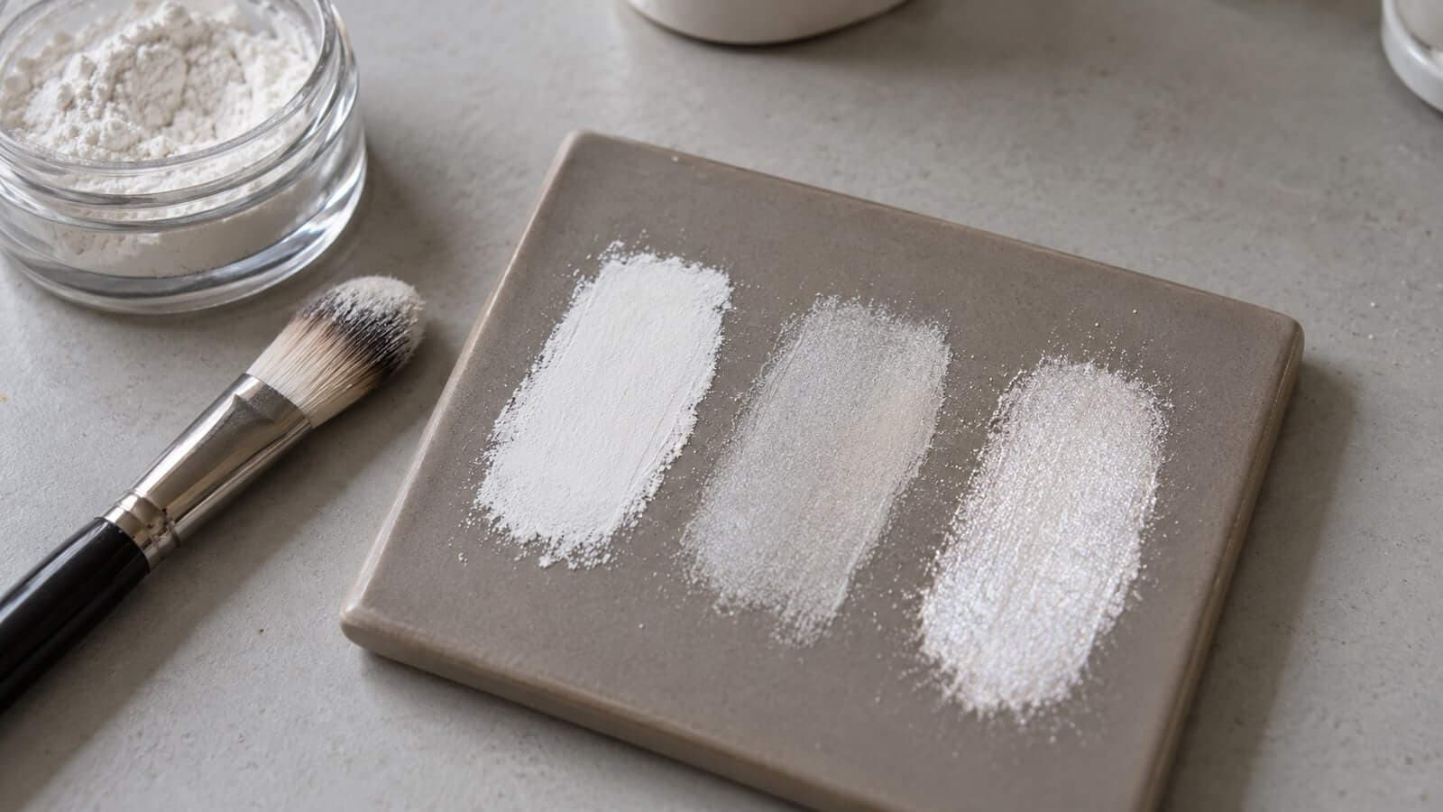 vita pigment tackning lyster prov Tre vita pulverprov med olika täckning och ljusreflektion på en mörkare platta